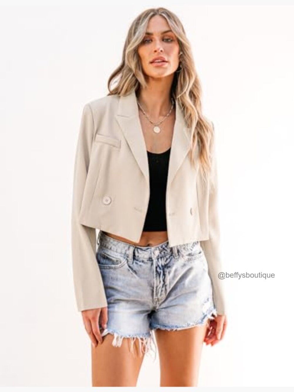 Cropped Blazer Business Casual Open Front Long Sleeve Suit Jacket Work Office - Picture 2 of 7